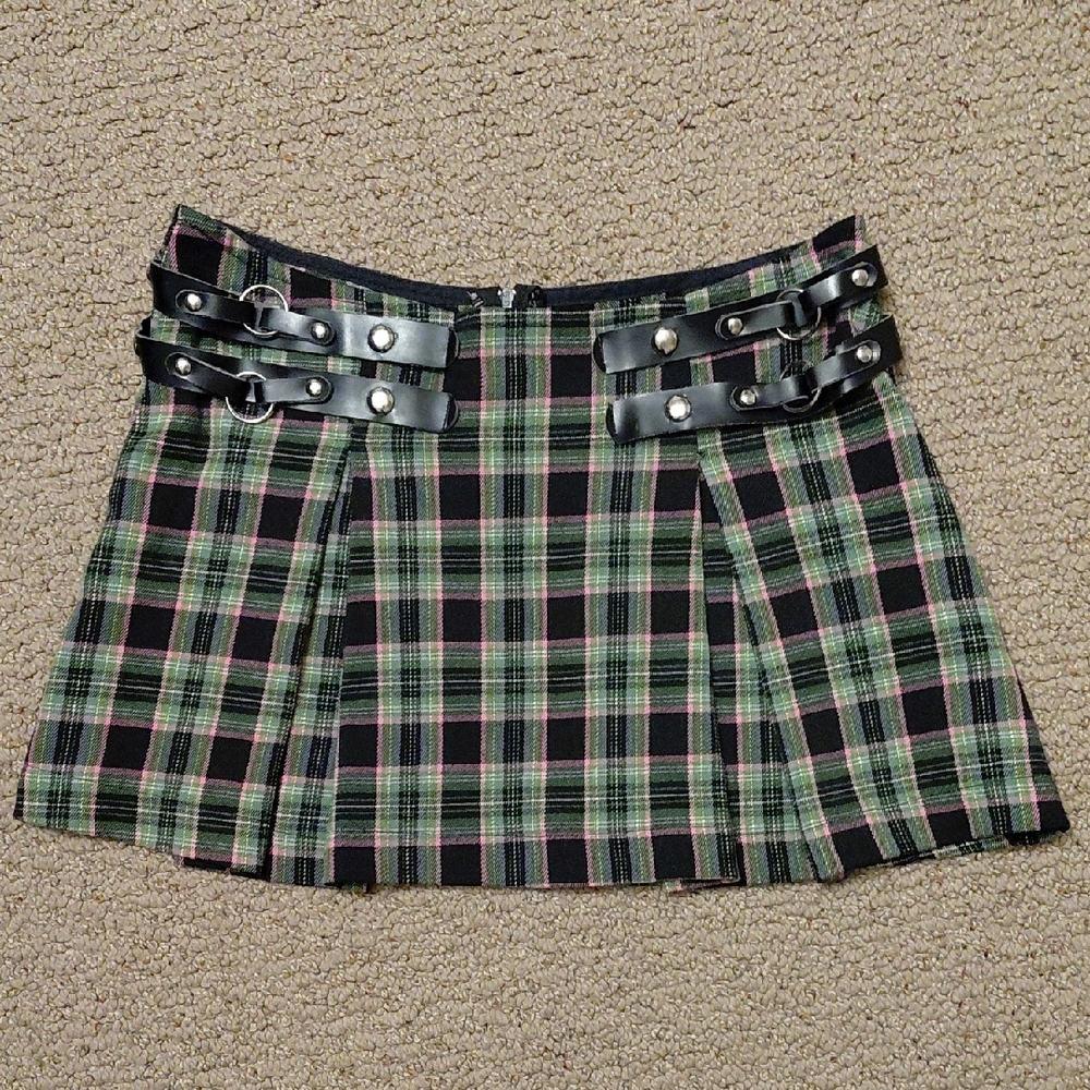 MORBID THREADS Green and Pink Plaid Punk Skirt w/Leather Straps